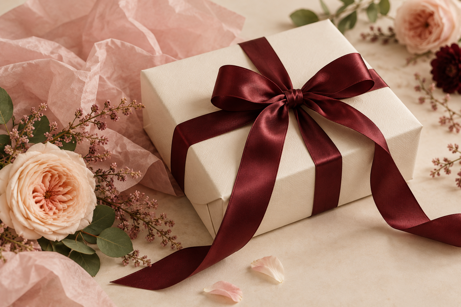 Gift wrapping inspiration: an ivory box with a burgundy ribbon and blush tissue